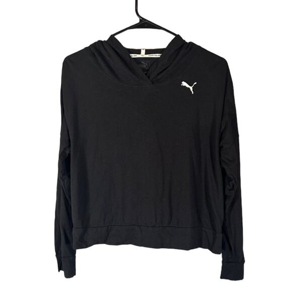 Puma Black Hooded Lightweight Logo Front Cropped Sweatshirt Women Sz S - Picture 1 of 8